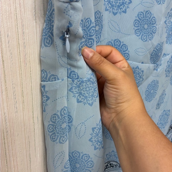 Trendy Lane Bryant Plus Size 2X Blue Boho Floral Print Empire Waist V-Neck Top - Picture 3 of 6